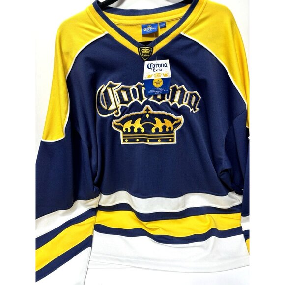 Corona Extra Beer Hockey Jersey Men's XL Long Sleeve Blue White and Yellow, New - Picture 2 of 9